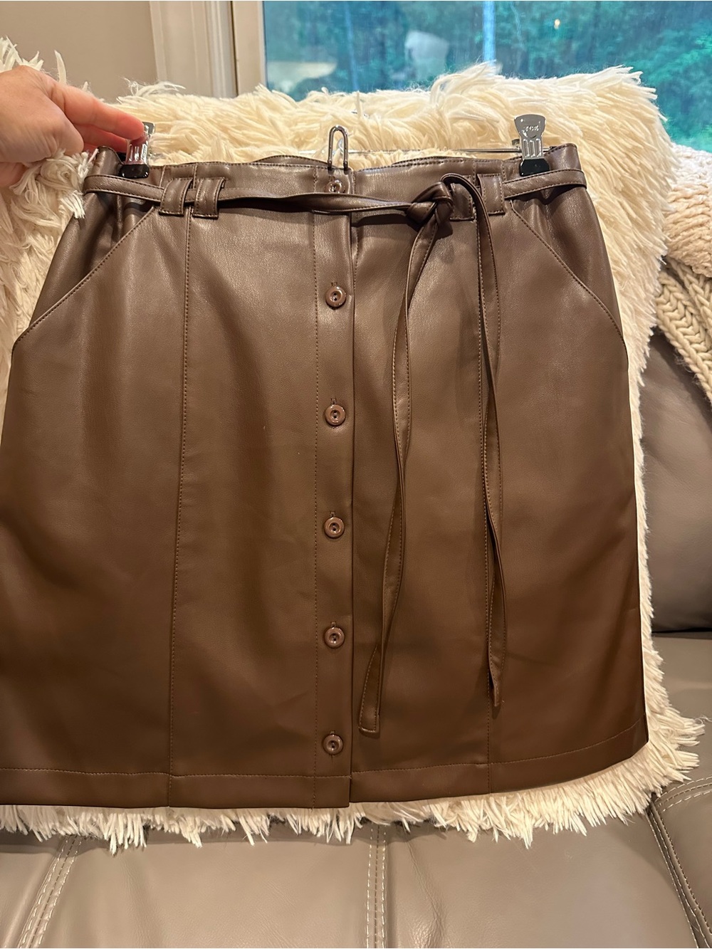 Jade Brown Faux Leather Button-Front Mini Skirt with Tie Waist